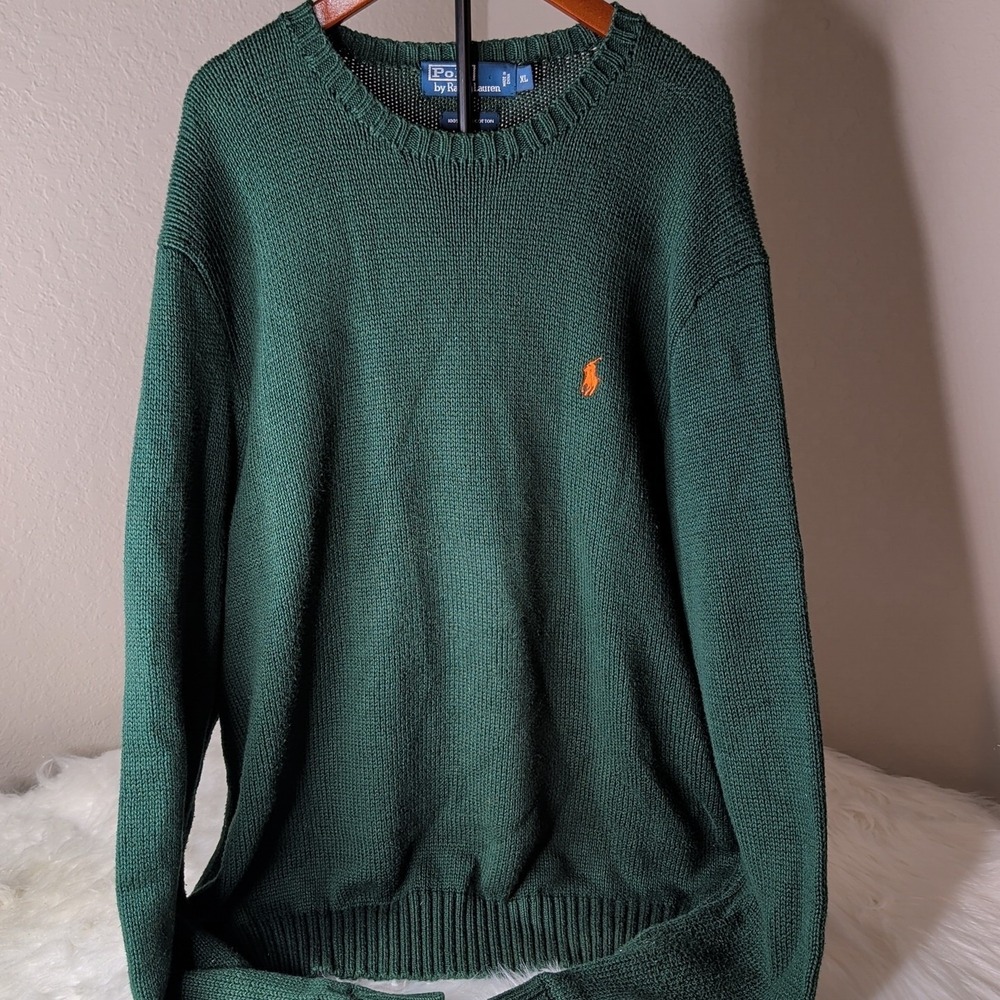 Polo Ralph Lauren Sweater Mens XL Green Cotton Shaker Knit Orange Pony Crewneck